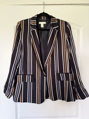 H&M Navy Blazer with Cream, Tan and Light Blue Stripes